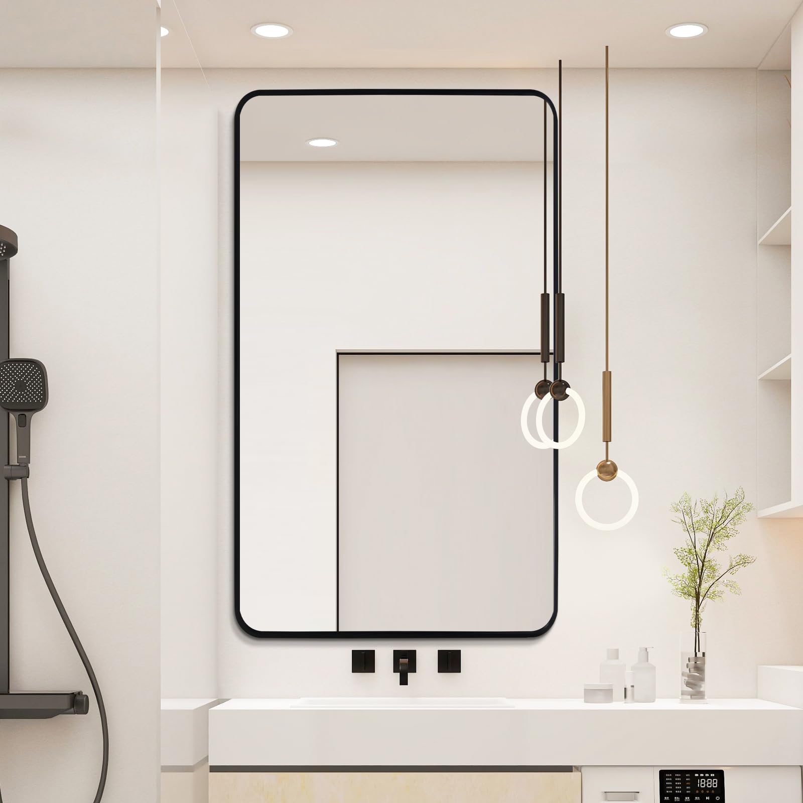 Bathroom Vanity Wall Mirror 48x30 Inch, Black Frame Rectangular Wall Mounted Mirror with Rounded Corner(Horizontal/Vertical), Large Modern Black Metal Framed Mirror