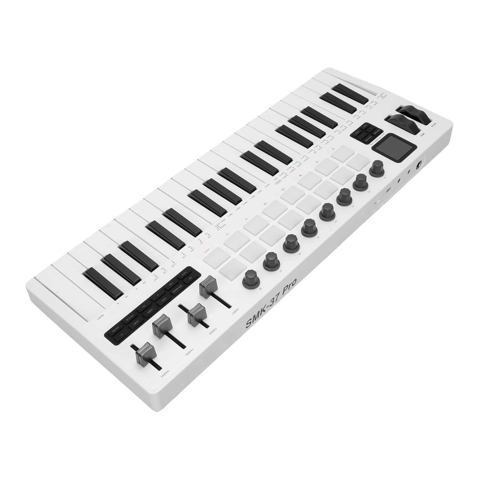 37 Controlador MIDI Clave con Sensibilidad de Velocidad, 16 Almohadillas de Batería RGB, 8 Perillas, 4 Faders, Motor de Sintetizador, Pantalla de 1.54 Pulgadas, Material ABS