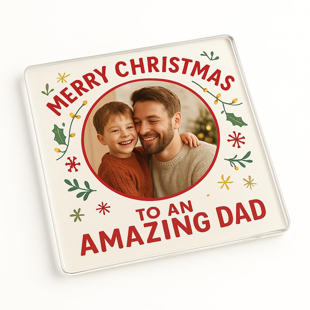 Personalised Clear Acrylic Christmas Coaster Gift - Festive Frame Magic Design for Dads - Heartfelt Holiday Celebration