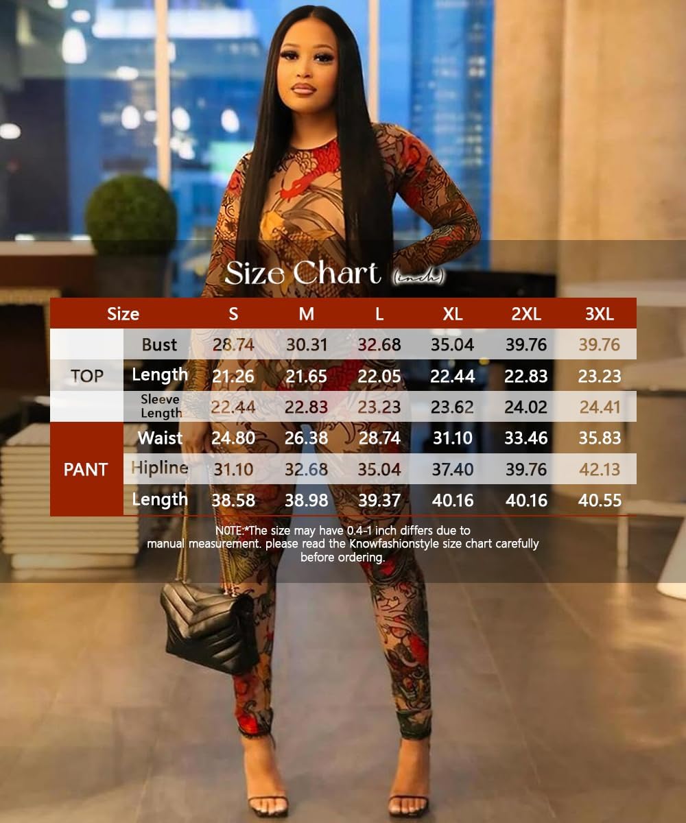 knowfashionstyle Sexy Two Piece Sets for Women Mesh Print See Through Going Out Birthday Clubwear Bodycon Party Pant Set - Image 6