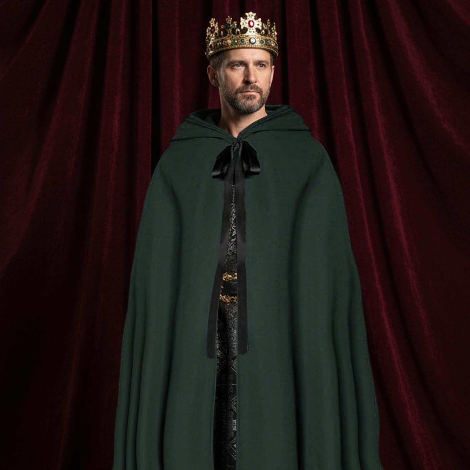 Fgdui 1PCS Green Cloak Hobbit Costume Medieval Cloak Renaissance Hooded Coat Medieval Cape Men's Hooded Coat for Halloween Costume - Image 3