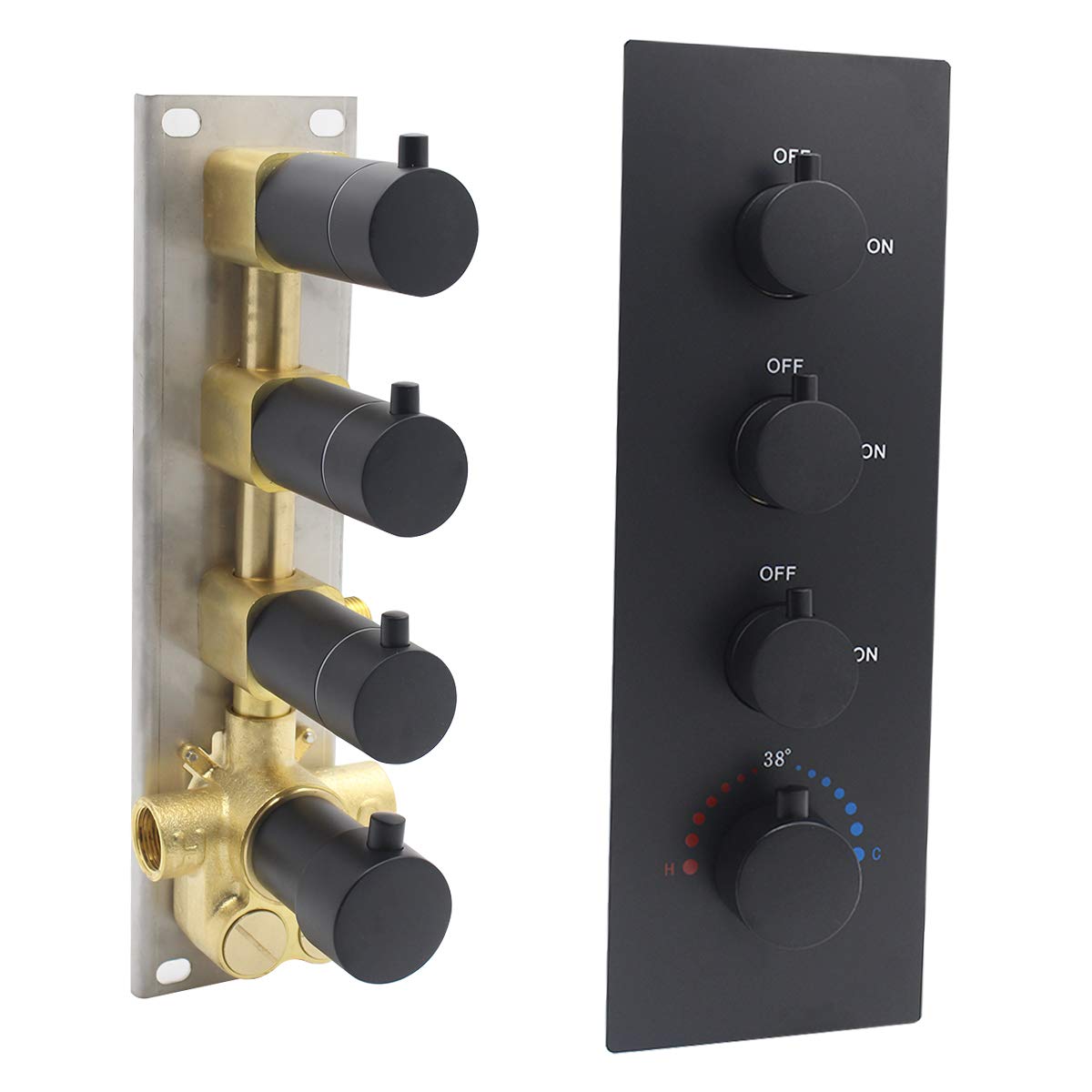 HOMEDEC3 Way Shower Diverter Valve, Matte Black 3 Function Thermostatic Mixer Brass Valve, Individual On Off Flow Control