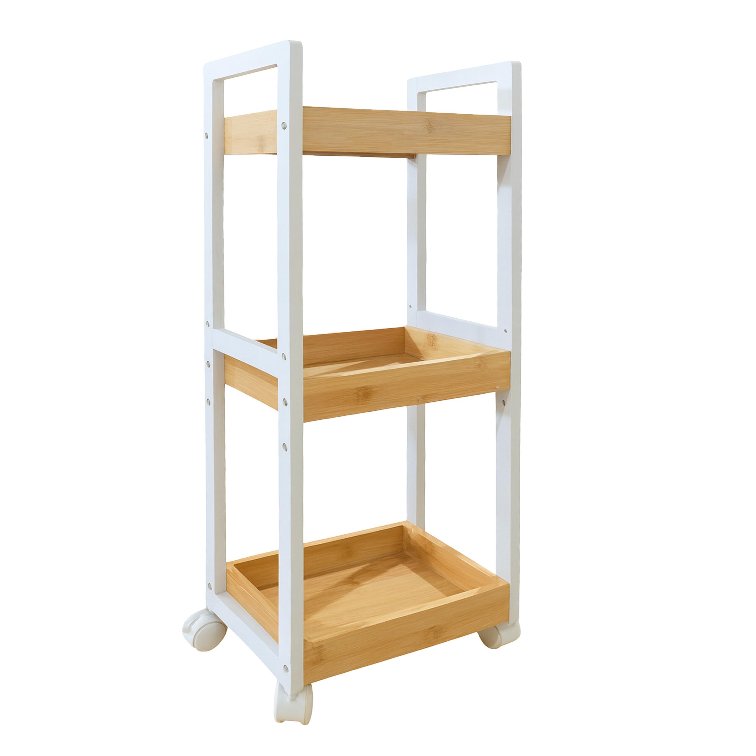 Carro Relaxdays, 3 estantes, bambú, HBT: 80 x 30 x 20 cm, baño y Cocina, Carro Estrecho, Natural/Blanco