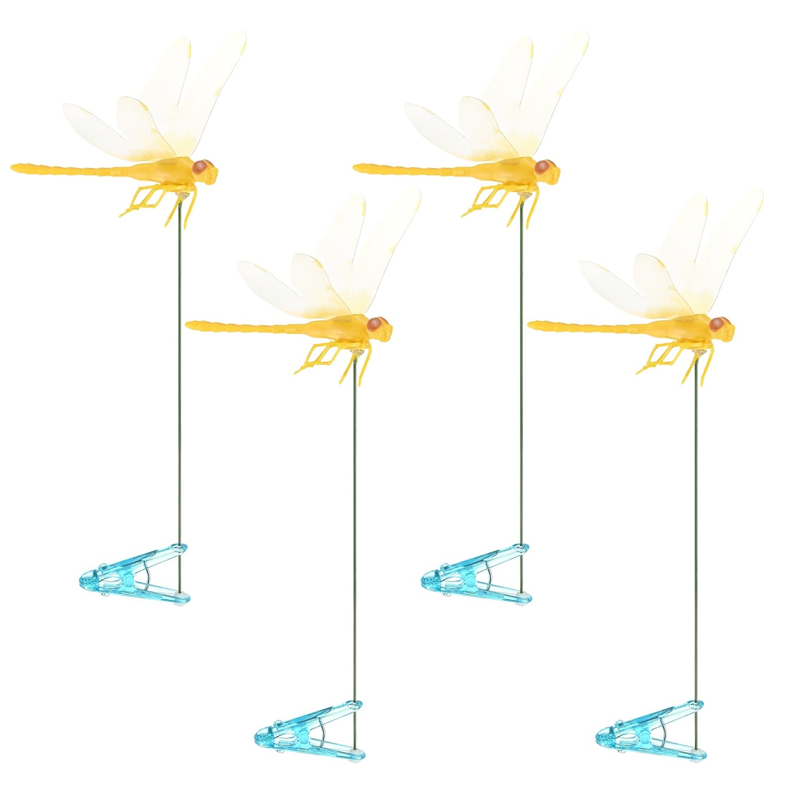 M METERXITY 4 Pack Dragonfly Clip Garden Stakes, 13 Inch Waterproof Metal 3D Dragonfly Garden Stake Decor for Indoor/Outdoor/Lawns/Flower Pots/Beds/Bouquets/Patios Terraces/Hat Decor [Yellow]