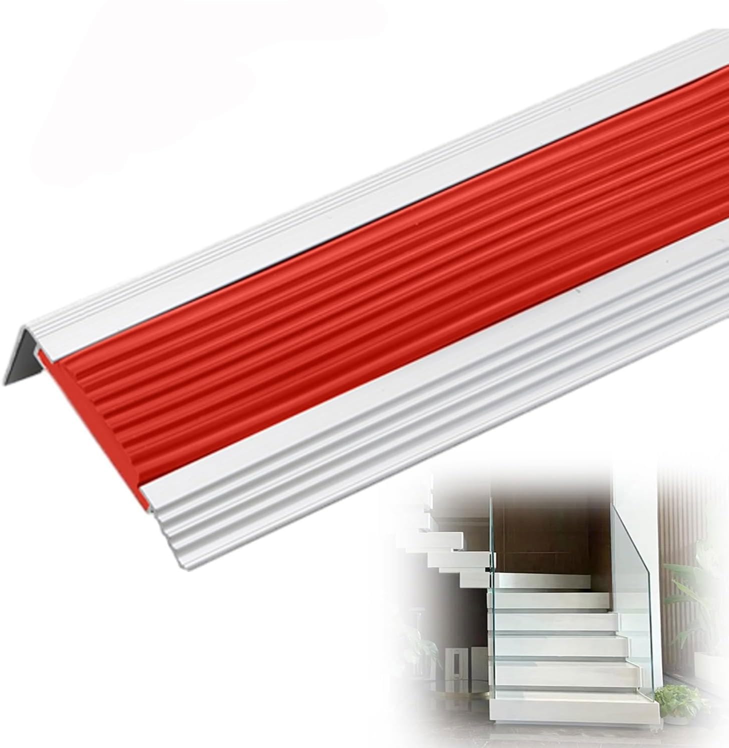 Obrzeże profilu schodowego, aluminiowy profil ochronny narożników schodów, listwa wykończeniowa, ochrona krawędzi schodów bezpieczeństwa, krawędź schodów, wodoodporna, antypoślizgowa, czerwona, szer