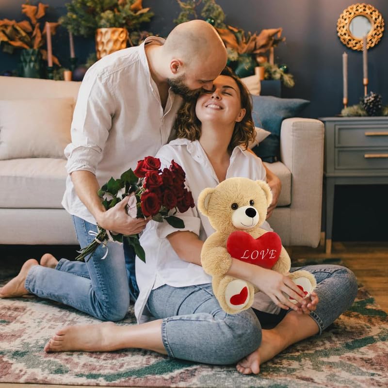 Image of Soft Toys Teddy Bear with Red Heart Valentine's Day Bear Stuffed Animal Plush Toy Lovable and Huggable Gift for Birthdays & Occasions (Brown) (Size 14 Inch)