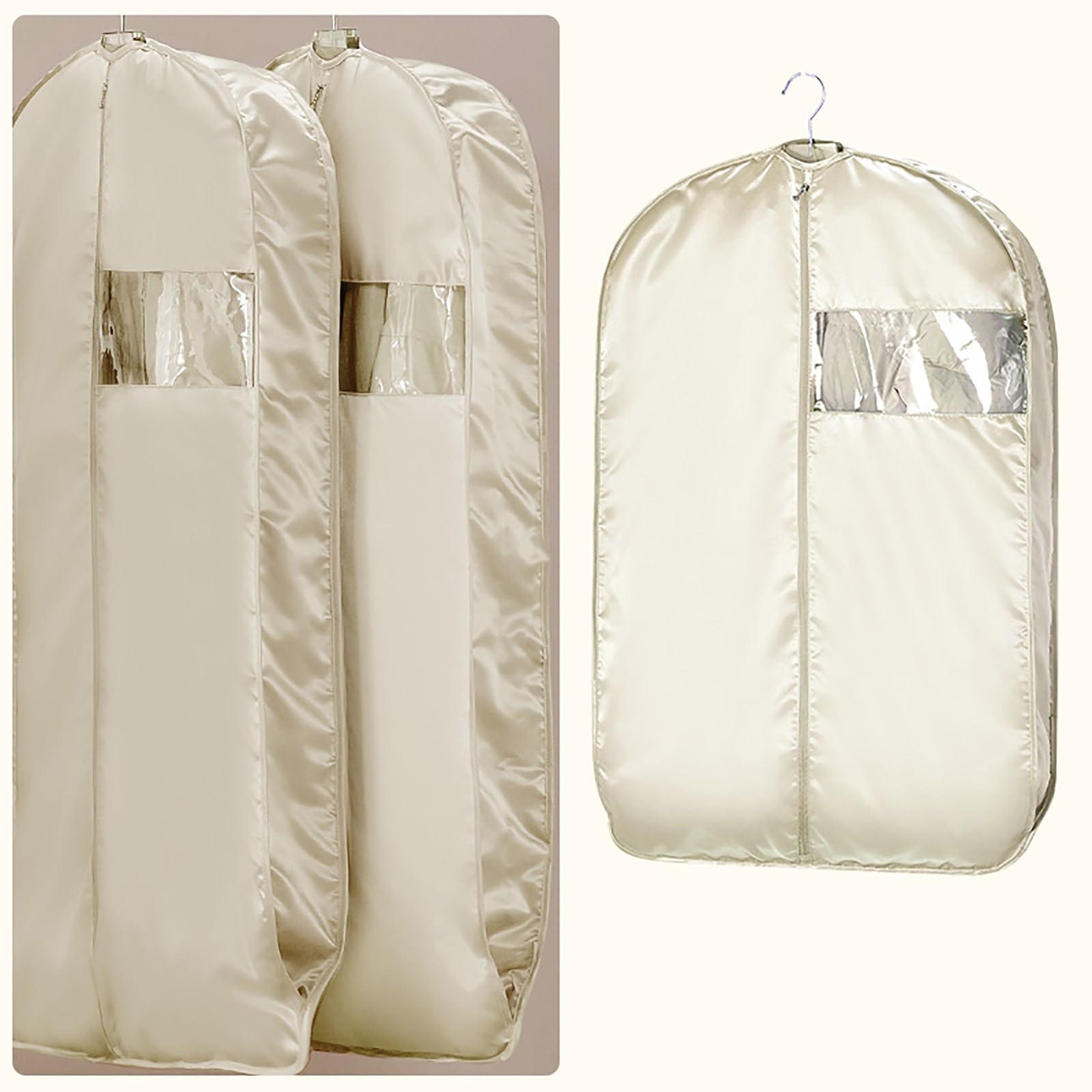 Garment Bags， 160gsm Satin Garment Bag, 3.5in Thick Cover, Suit Protection with Transparent Window(Beige,58 * 110cm/23 * 43in)