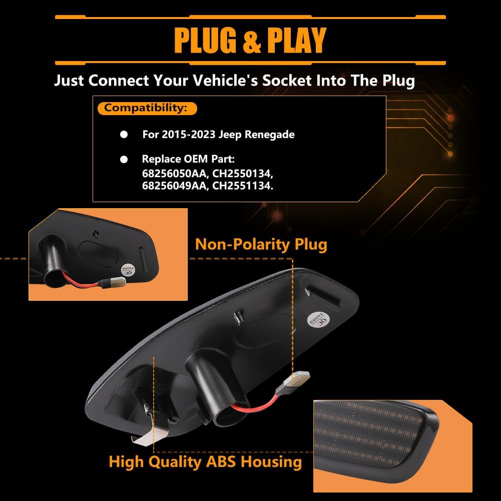 Front Fender LED Side Marker Lights for 2015 2016 2017 2018 2019 2020 2021 Renegade, Renegade Smoked Lens Side Bumper Marker Lamps, Amber LED Side Markers Turn Signal Lights, 2 PCS