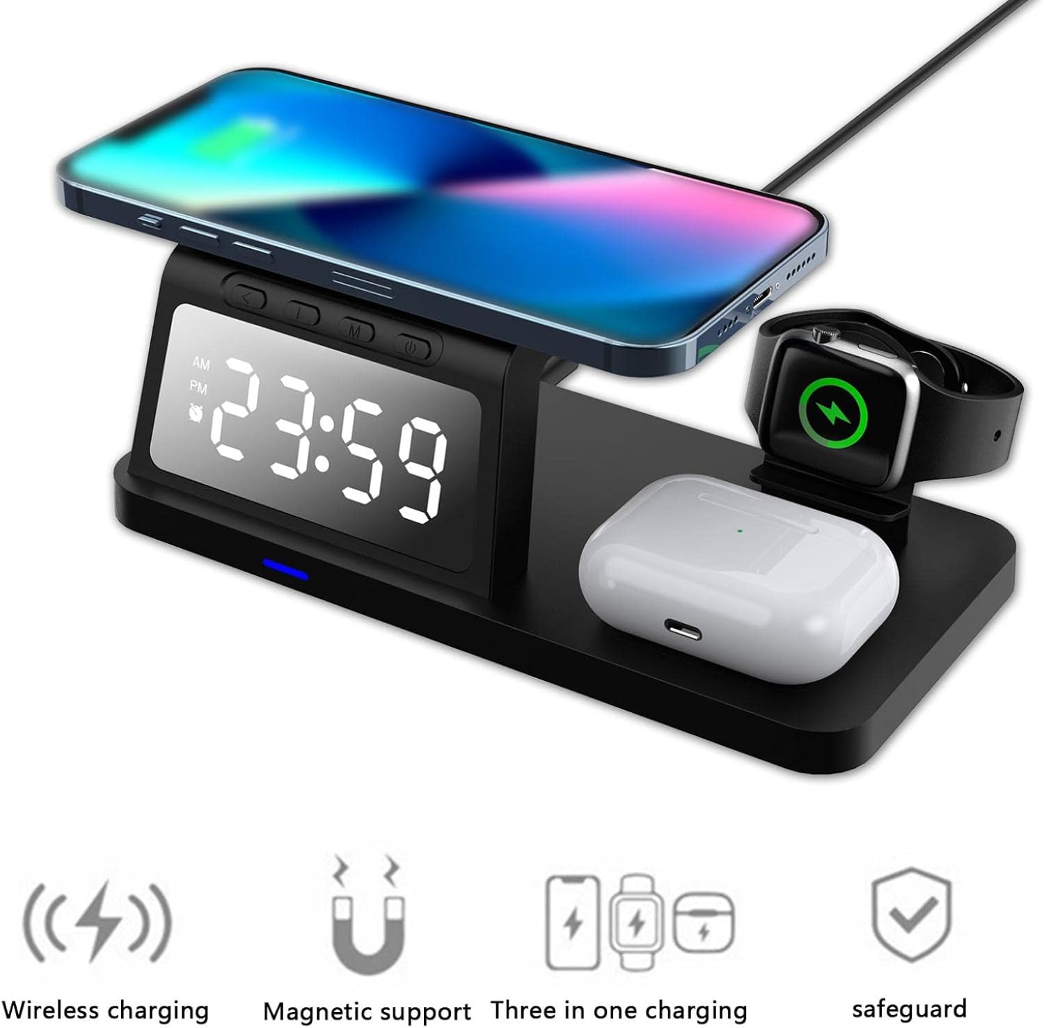 wireless charger station with desk digital clock 3 in 1 wireless charger station 15w for ios and android smartphonesi phone2 5w for a pple watchsm
