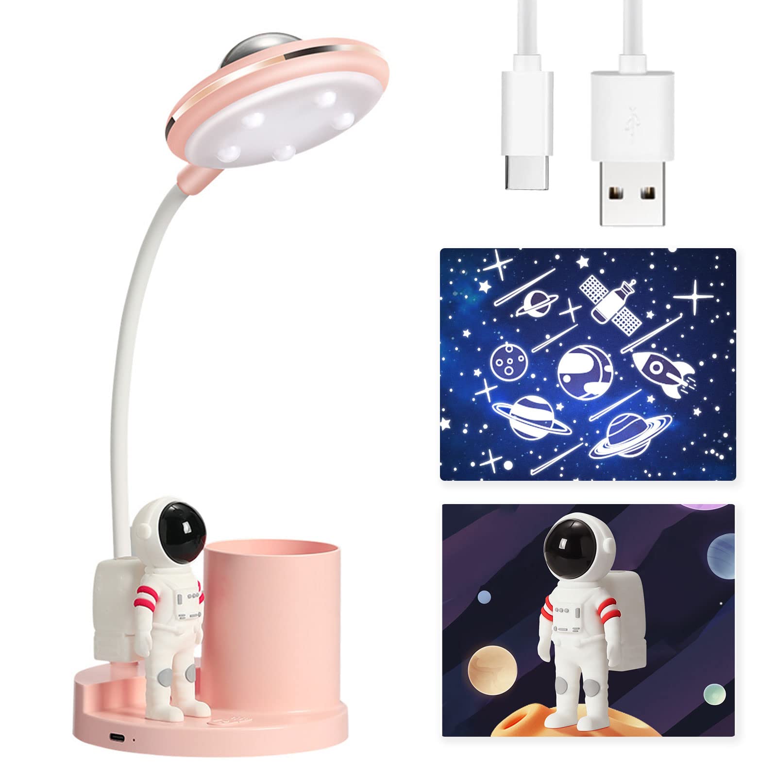Lampada da Tavolo LED per Bambini, 3 in 1 Lampada da Scrivania con Supporto Penna e Proiezione di Stelle, Lampada Scrivania Ricaricabile per Bambini Regolabile e 3 Modalità di Illuminazione