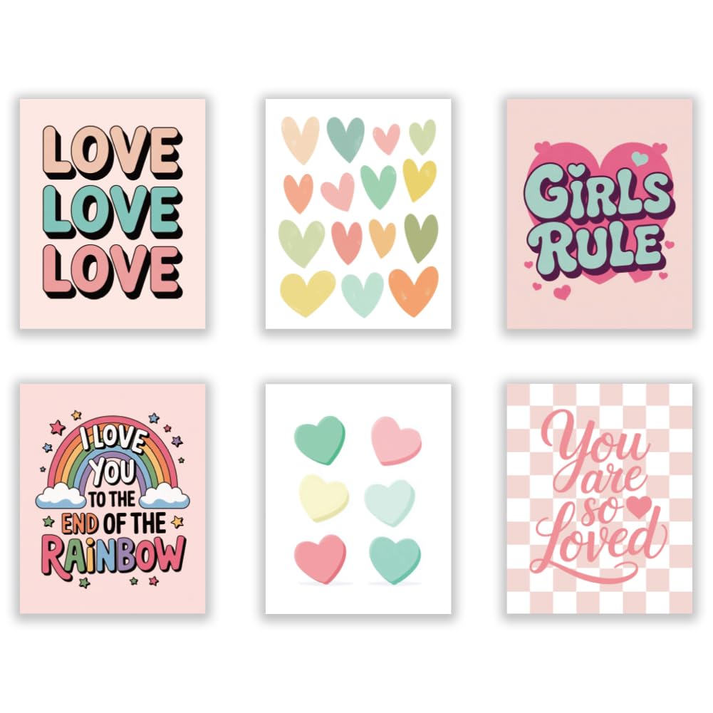 CRAFTYMELODY Love Theme Wall Art Prints Set of 6 Colorful Pink Poster Wall Decor Love Heart Artworks for Living Room Bedroom Classroom Office Decoration 8x10 Inch Unframed