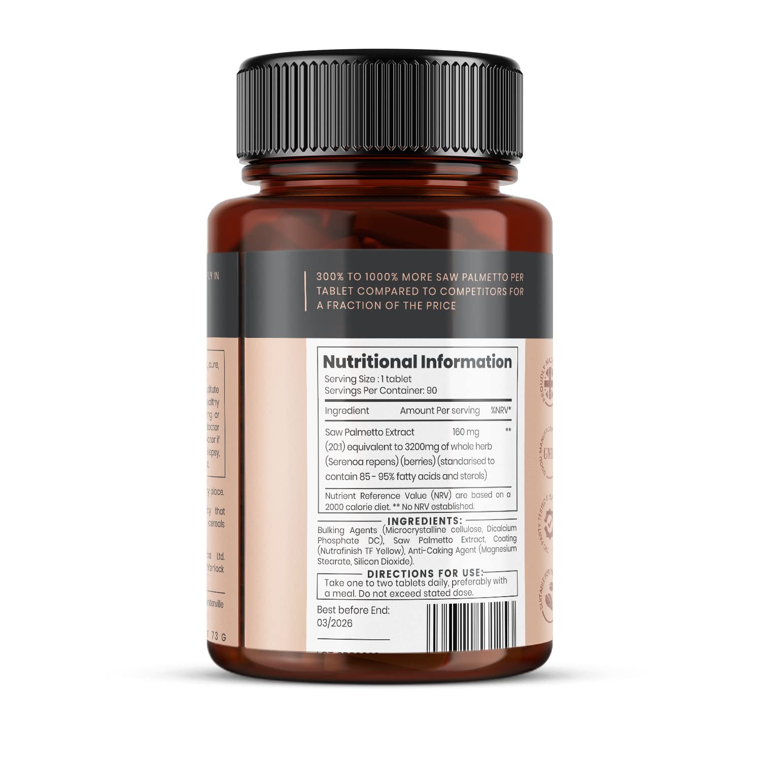 Dreifach-Stärke Sägepalme, 3200 mg x 540 Tabletten (6 Flaschen à 90 Stück) – 18 Monate Vorrat – 95% Fettsäuren – bis zu 10 x stärker