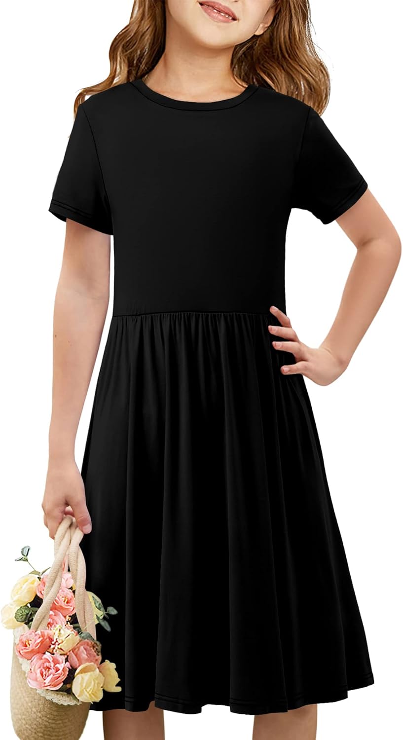 storeofbaby Girls Short Sleeve Dress Casual A Line Twirly Skater Dresses 4-13 Years - Image 2