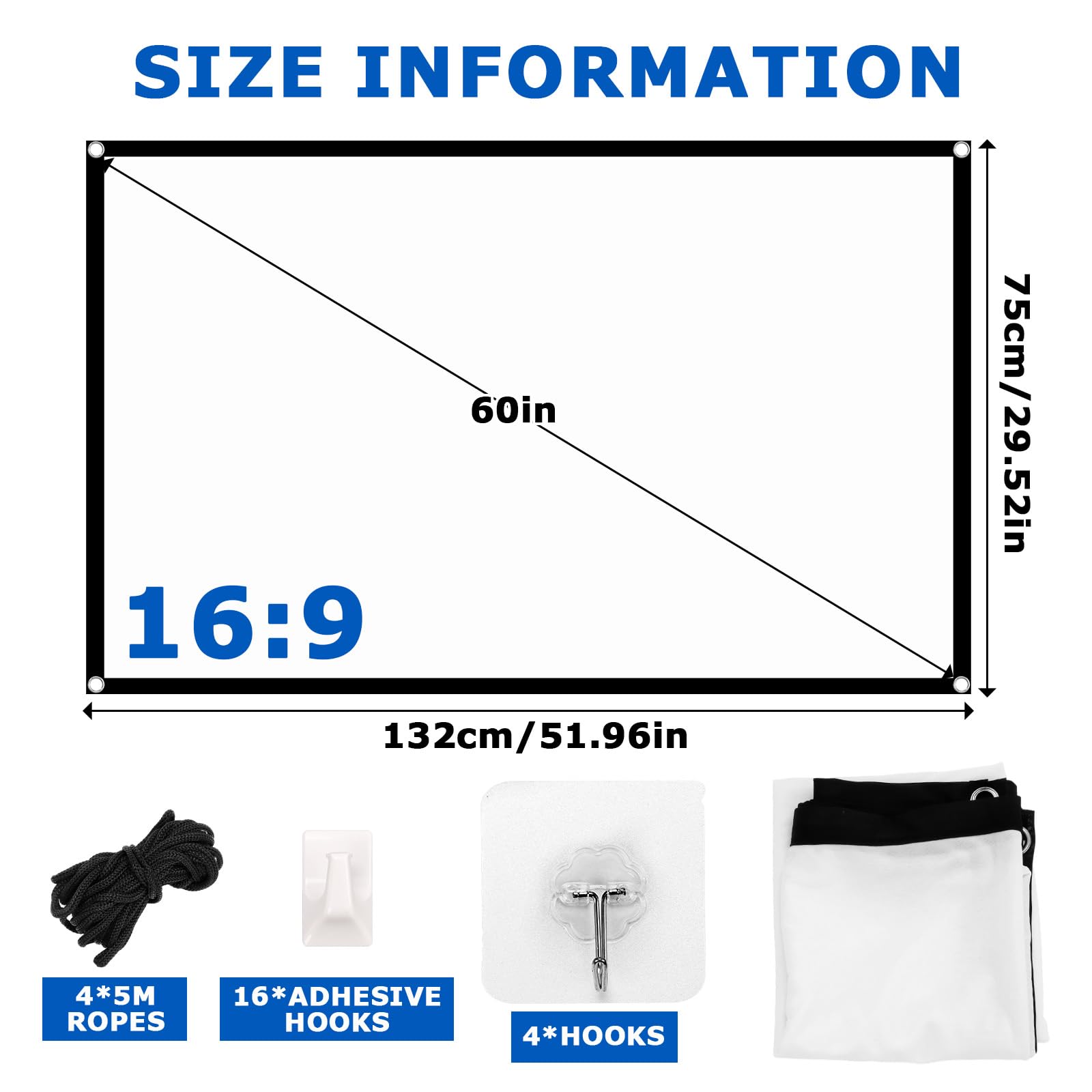 Ekran projekcyjny 60 cali 16:9, składany przenośny ekran, obsługuje 4K Ultra HD i Full HD, matowe antyzmarszczkowe płótno poliestrowe, szeroki kąt widzenia 180°, montaż bez wiercenia, do kina domowego