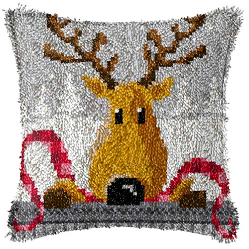 Image of Reindeer Latch Hook Pillow Kits for Adults Beginners Pre-Printed Cushion | Home Sofa Cushion Cover Preprinted Canvas Crochet Yarn Kits Needlework Crafts Festival Gift for Adults Beginner 17X17 Inch