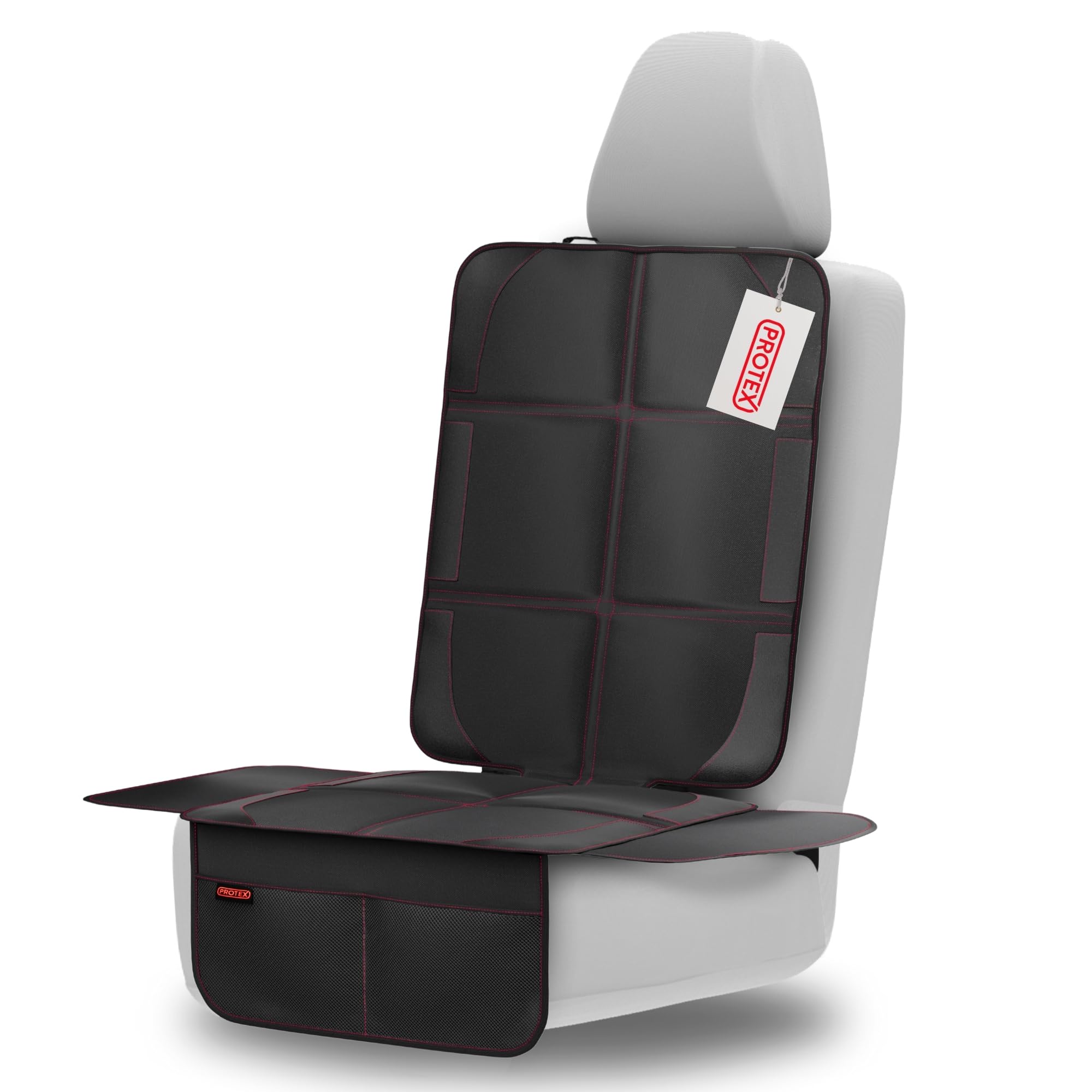 PROTEX© Kindersitzunterlage - ISOFIX-geeignet, Anti-RUTSCH-Unterfläche | Wasserabweisender & besonders hochwertiger 600D Stoff mit gepolsteter Sitzfläche (L), (Schwarz mit roten Nähten)