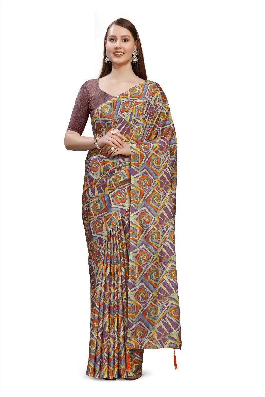 Digital Print Saree with unstitched bluose piese beautiful multicolor satin silk-image-30