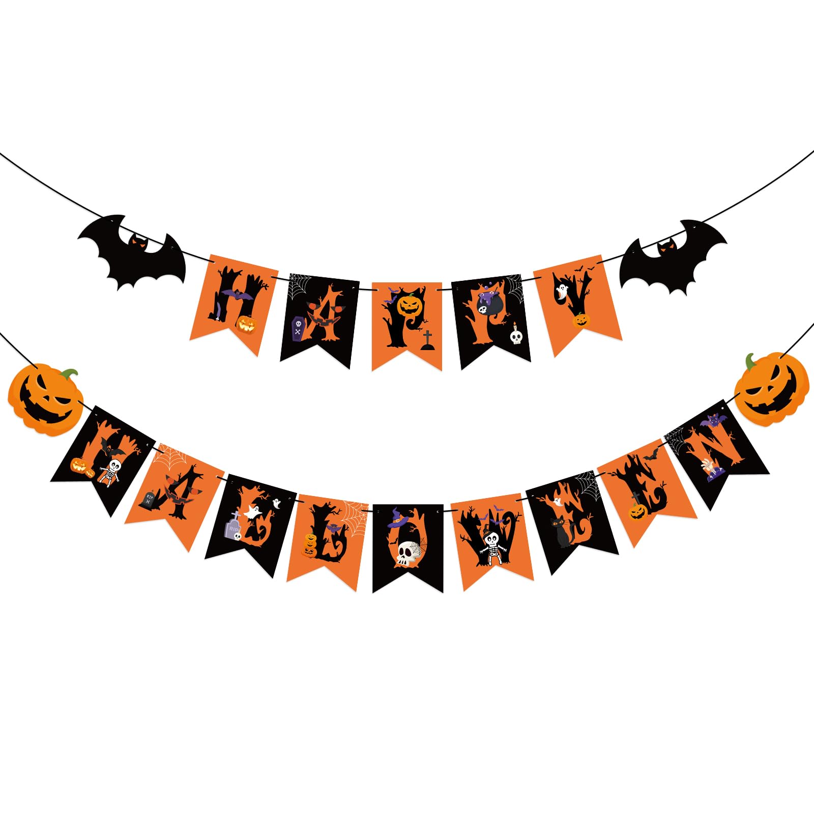 Happy Halloween Banner Decorations, Pumpkin Bat Halloween Bunting Hanging Banner Outdoor Indoor for Halloween Decor Home Office Party Favor Decor