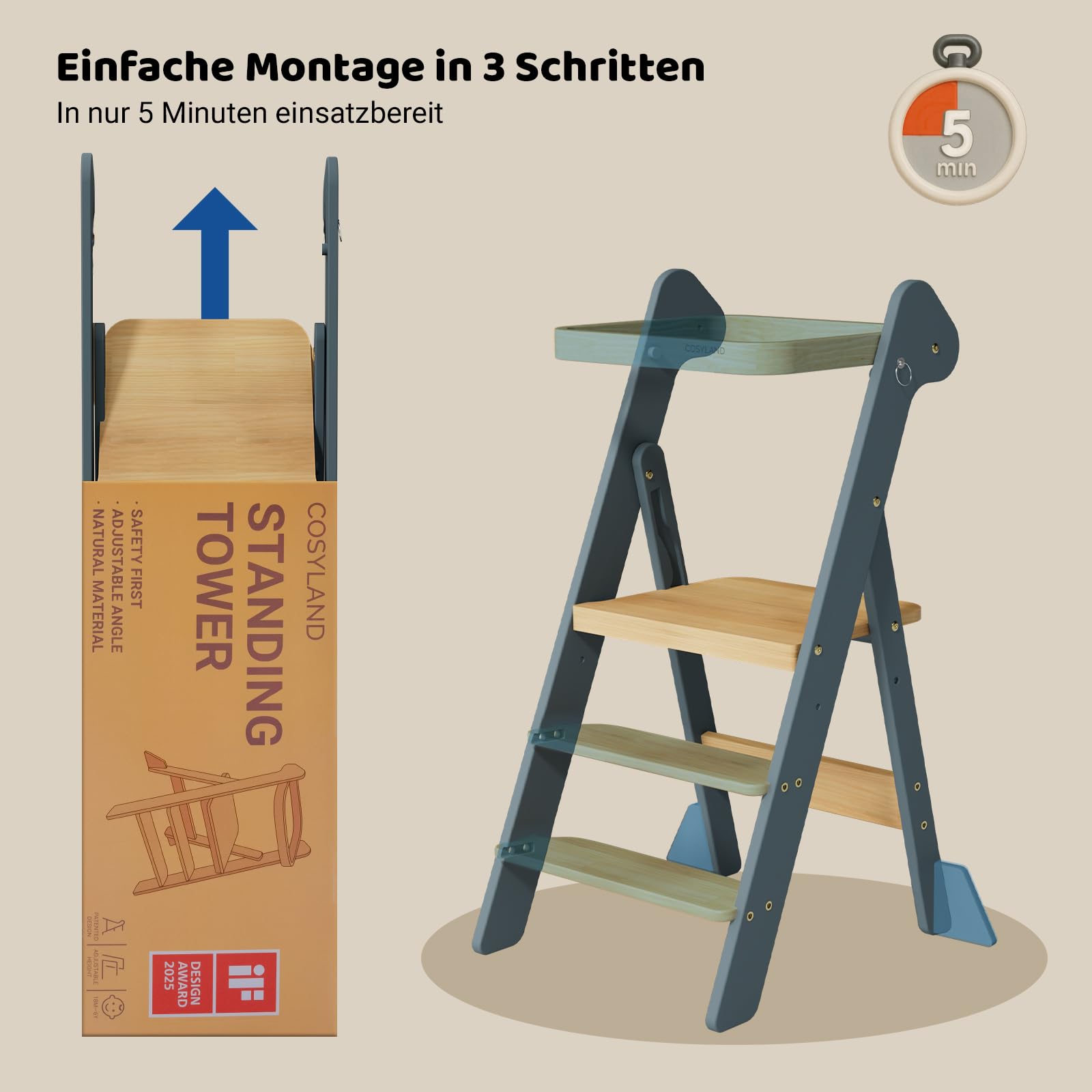 COSYLAND Lernturm ab 1 Jahr klappbar – iF Design Award Gewinner, höhenverstellbarer Lernturm mit Sicherheitsnetz, Montessori Learning Tower/Lernstuhl für Kinder, Holz (Schieferblau & Natur)