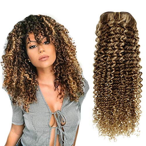 Kinky Curly Clip in Hair Extensions 20 Inch 7Pcs 100g Remy Human Hair Clip in Hair Extensions Dark Brown and Strawberry Blonde (#4P27)
