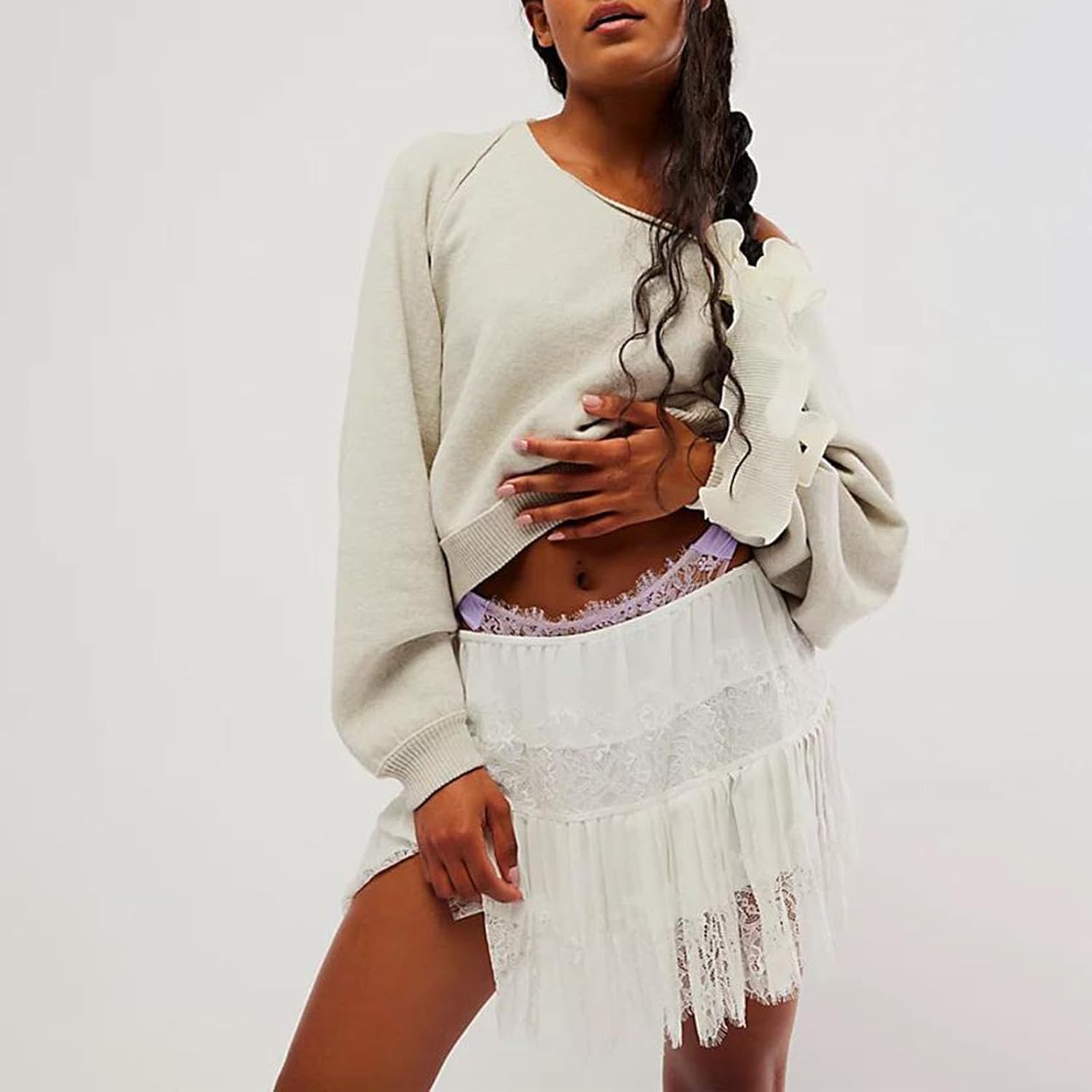 Women Y2K Lace Mini Skirt Low Rise Slip Underskirt Ruffle Pleated Layered Flowy Short Skirts - Image 4