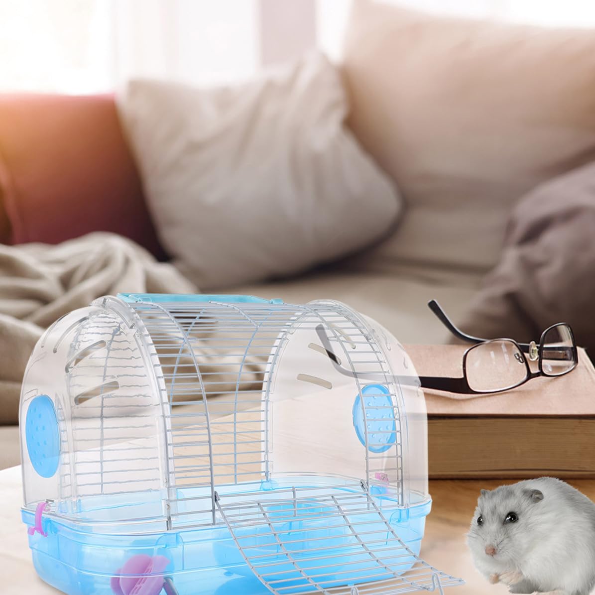 Transparente Kunststoff Haustier Transportbox mit Griff für Hamster Blau