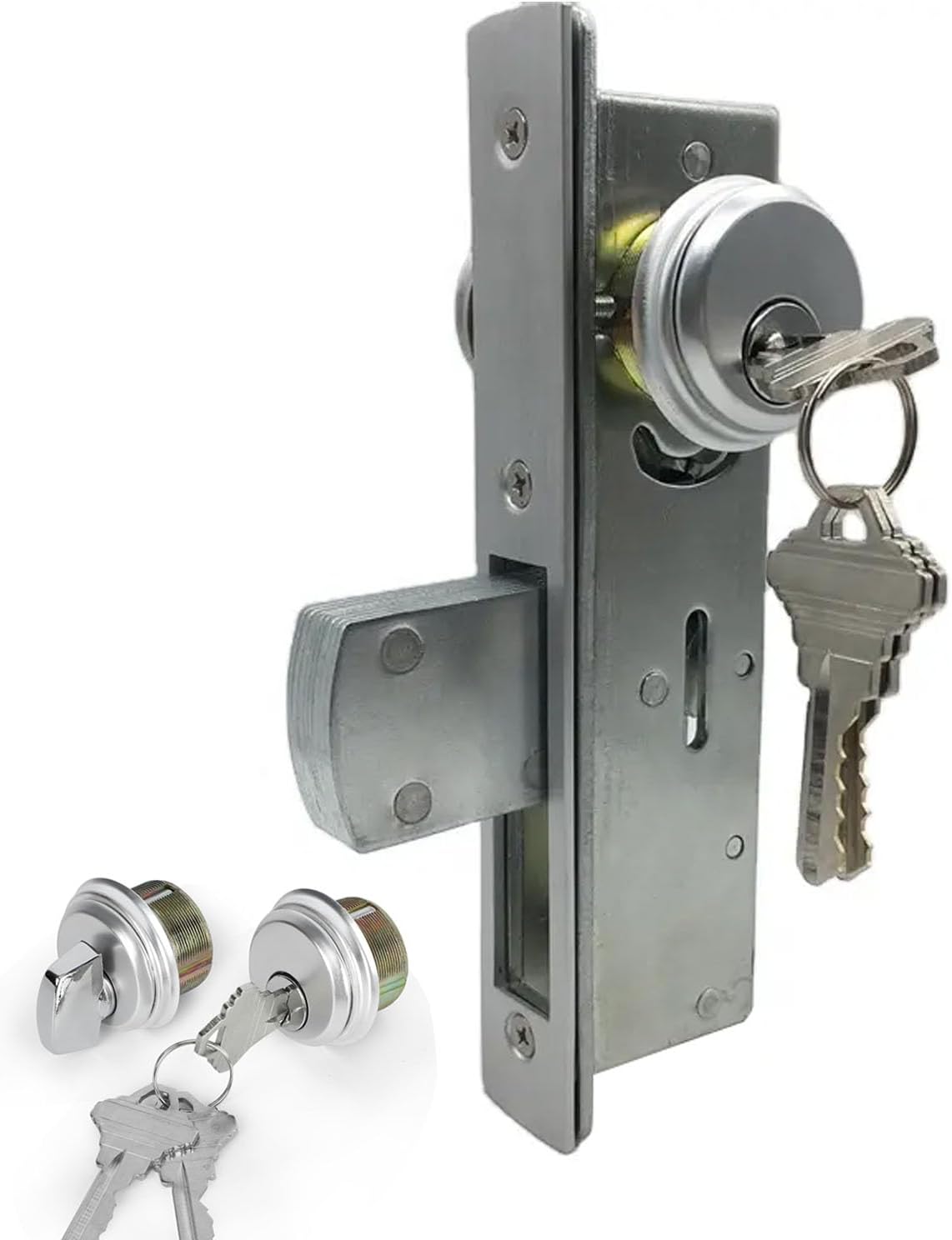 Commercial Door Lock with Deadbolt ，Storefront Door Mortise Lock，Swing Deadbolt & Cylinder Combo, with Key for Aluminum/Zinc Alloy Shop Doors,Silver 1-1/8" Backset