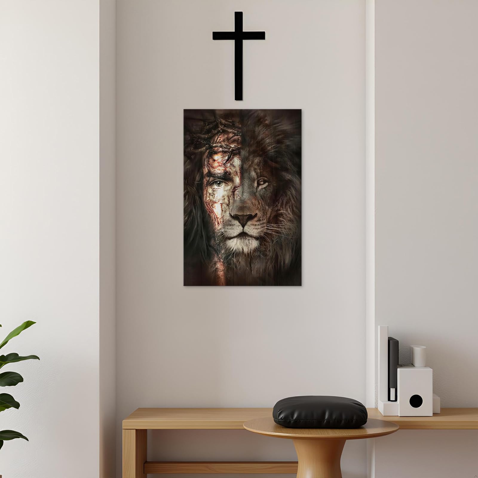 Jesus Wall Art Quadro da parete con immagine di Gesù Cristo Religioso, con leone e agnello, croce su tela, stampa con citazioni cristiane, decorazione da parete, opere d'arte moderna incorniciata