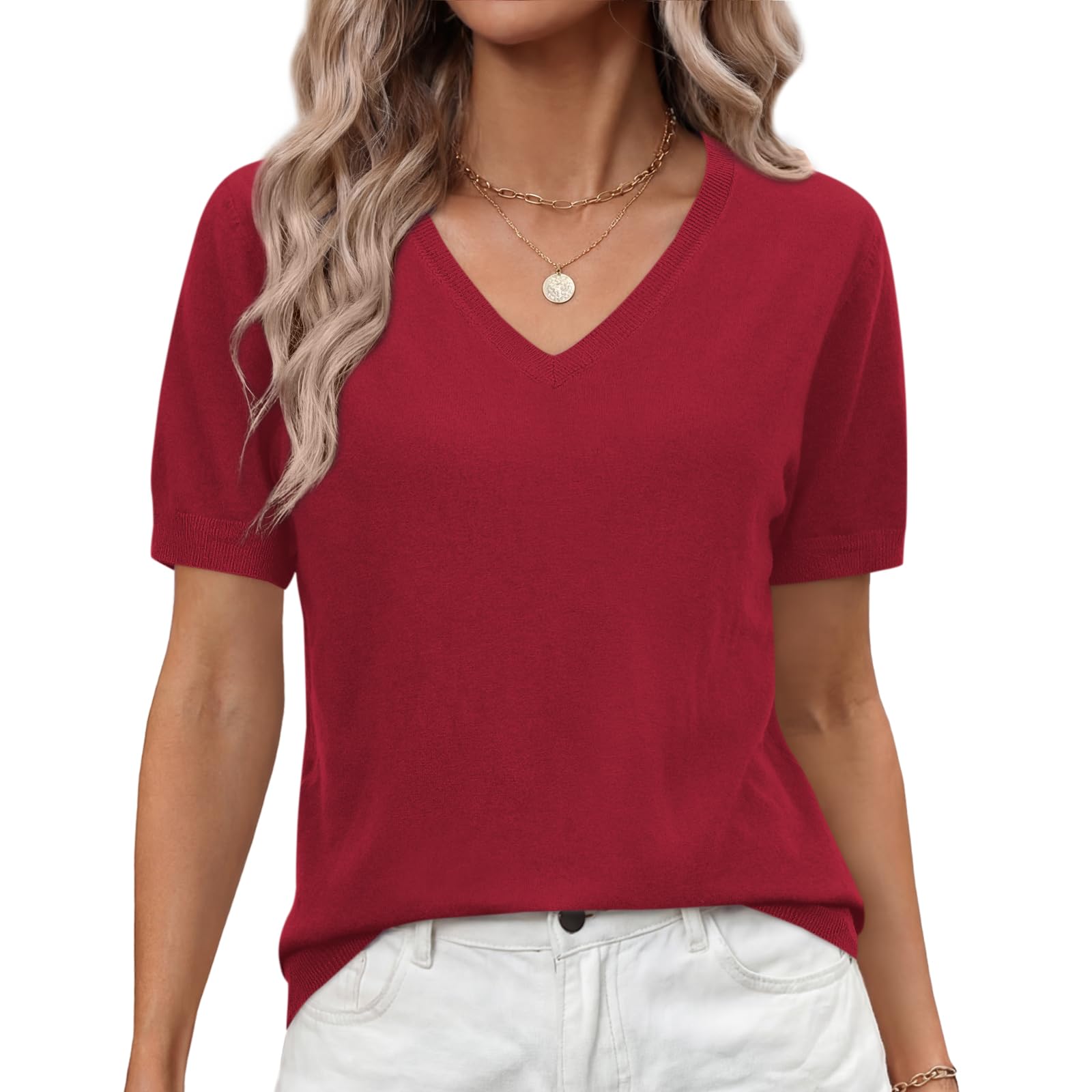 Elesomo Damen Sommer Strickpullover Kurzarm V-Ausschnitt Gestrickte Tops