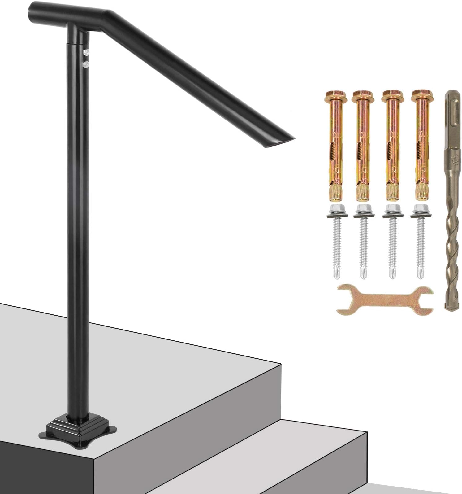 Happybuy 1-3 Step Steel Handrail, Black Varnished Stylish Handrails for Outdoor Steps, 330LBS Capacity