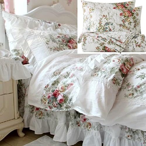 Miniatura 1 de FADFAY Juego de edredón tamaño Queen con funda de edredón y falda de cama de 7 piezas, diseño de rosas vintage desgastadas, 100% algodón, suave y