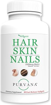 Wellgenix Purvana Hair Skin and Nails Supplement 2500mcg Biotin Softgels with MSM & B-Complex Daily Beauty Support for Stronger Nails & Hair Vitality 90 Softgels