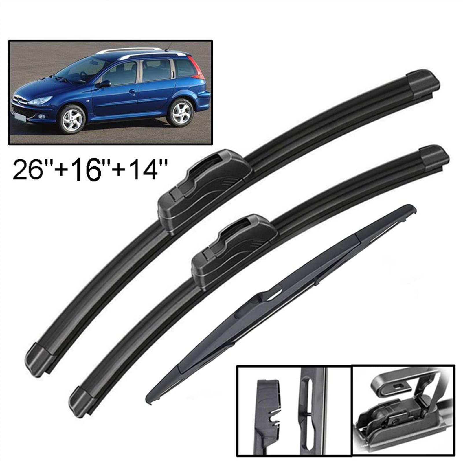 WITTSY Parti Tergicristalli 26 "16" 14 "Lunotto Anteriore Parabrezza Tergicristallo per Peugeot 206 SW Immobiliare 2000-2007 Auto Tergicristallo Spazzole 2001 2002 2003 2004 2005 2006
