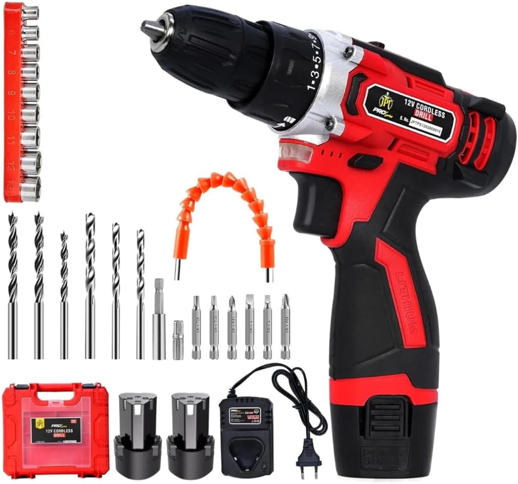 JPT Heavy Duty 12-volt Pro Series Cordless Drill Machine | 45N.m Torque | 1950 RPM Speed | 25+1 Clutch | 2 Speed Gearbox | 3/8" Keyless Chuck | 1500mAh Battery | Fast Charger, ?600 Watts, Red