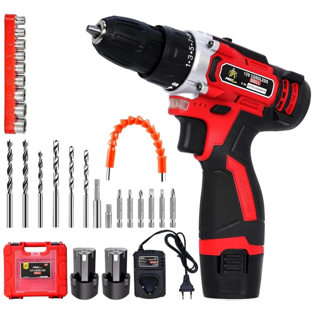 JPT Heavy Duty 12-volt Pro Series Cordless Drill Machine | 45N.m Torque | 1950 RPM Speed | 25+1 Clutch | 2 Speed Gearbox | 3/8" Keyless Chuck | 1500mAh Battery | Fast Charger, ?600 Watts, Red