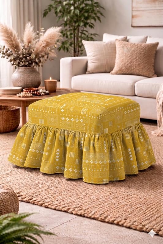 Skirted Pouffe Cover 14x14x15 Inch Mustard Tribal, Tailored Pleated Slipcover with Frill, Square Footstool Pouf Cover for Living Room Decor, Machine Washable, THROWPILLOW-image-11