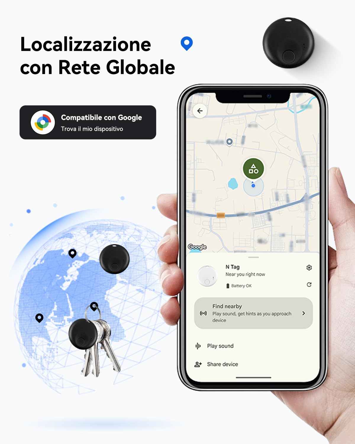 Android Smart Tracker Tag, Localizzatore Android Compatibile “Google Funzioni Trova” (Solo Android), Trova Oggetti e Chiavi/Bagagli/Portafogli/Valigia, Batteria Sostituibile (1 nero e 1 bianco)