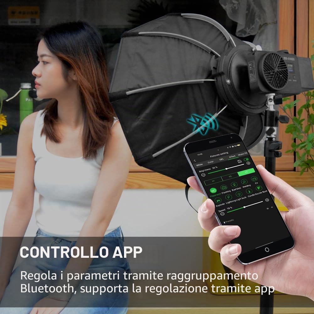 Luce video COB da 100W con attacco Bowens e impugnatura portatile, illuminazione bicolore 10000Lux/m 2700K-7500K con 10 simulazioni di scenari, con controllo a pannello e controllo APP