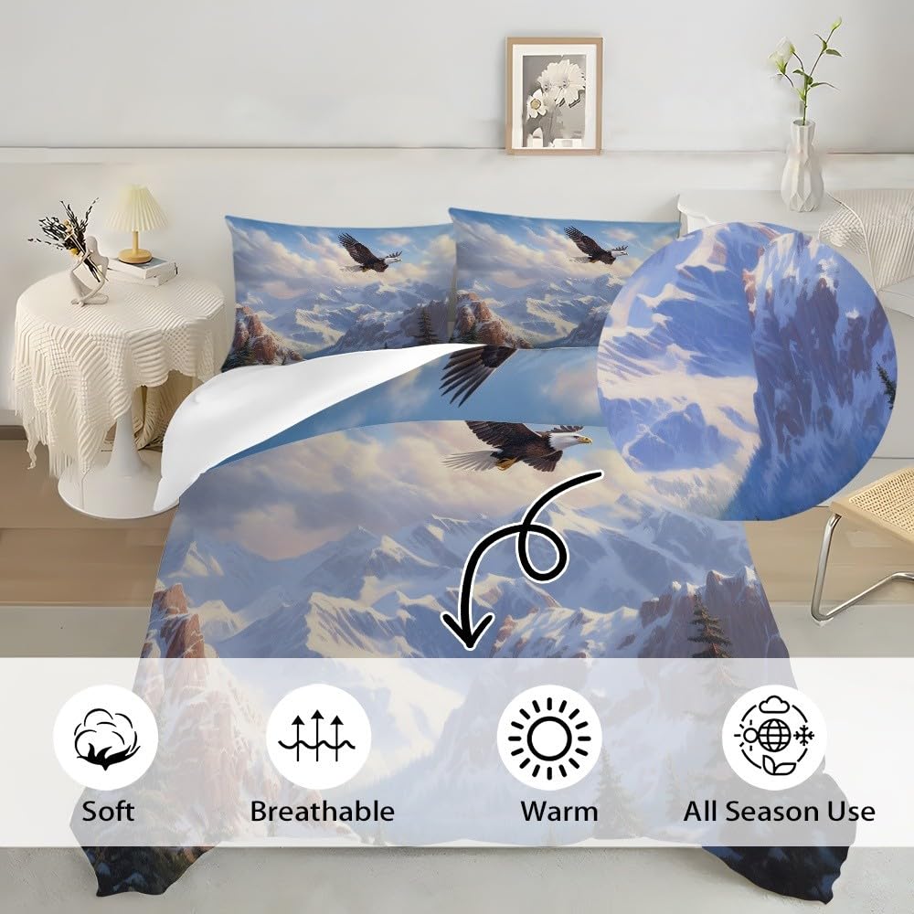 3-częściowy komplet pościeli 200 x 200 cm, z mikrofibry, góry, białe orły, krajobraz, poszewka na poduszkę z zamkiem błyskawicznym, 80 x 80 cm, naturalny, oddychający, nie wymaga prasowania i miękka