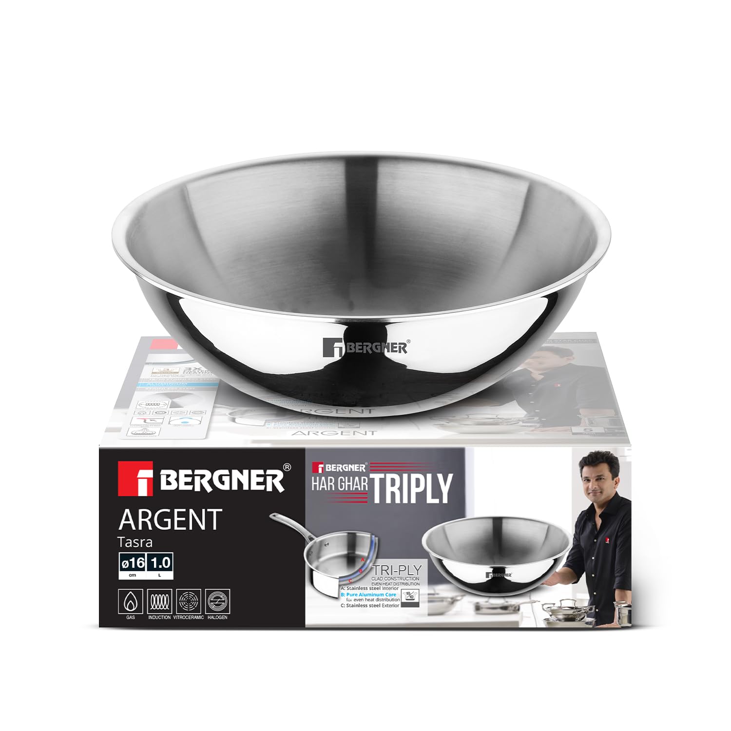 BERGNER Argent TriPly Stainless Steel 16cm (900ml) Tasra, Mini Tasla Without Lid, Less Oil Use, Healthy Cooking, Even and Faster Heat Distribution, 2.5mm Thickness - Induction and Gas Stove Ready-image-6