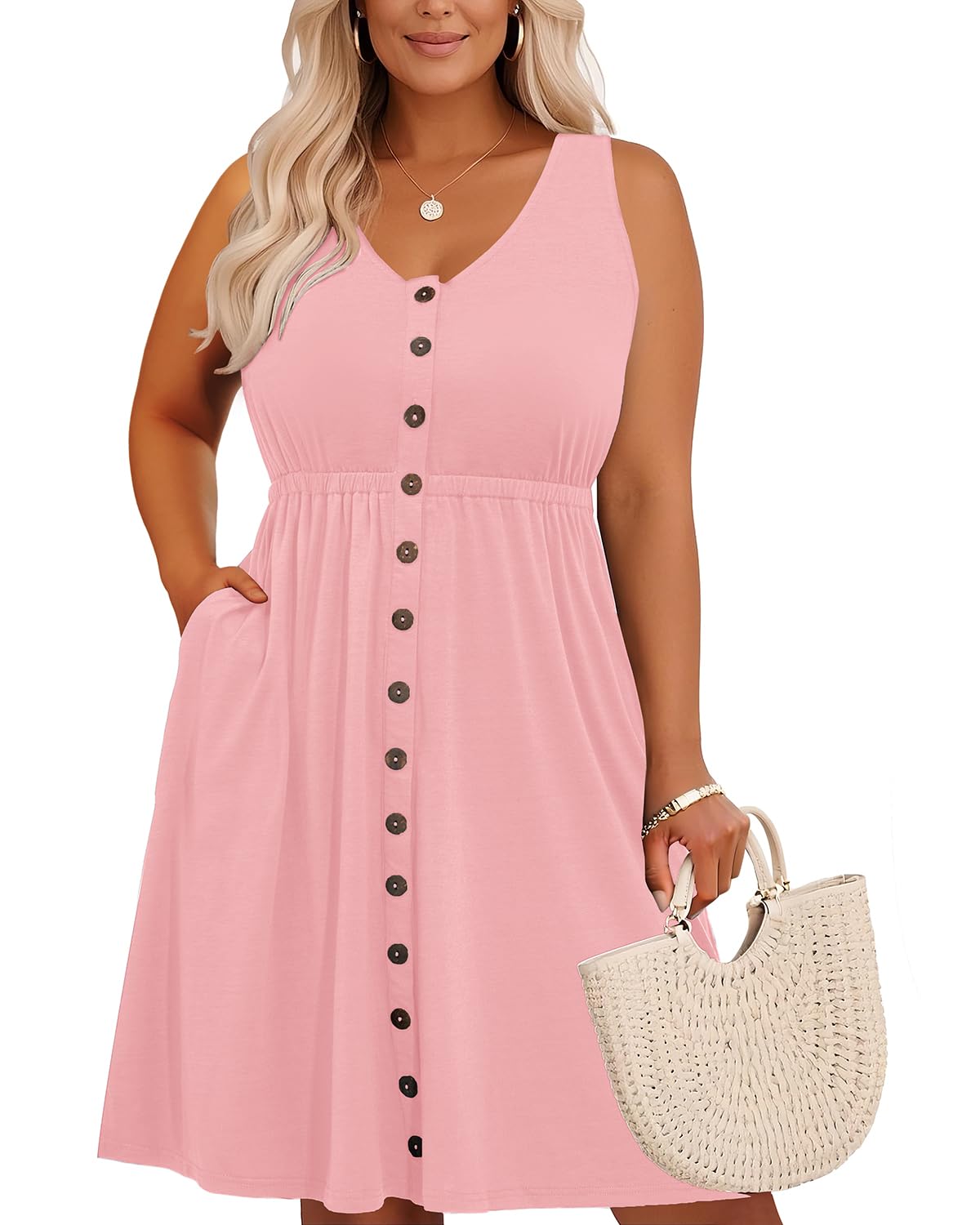 Holipick Women's Plus Size Summer Dresses for Women Casual Dress with Pockets A-Line Swing Button Down Sleeveless V Neck