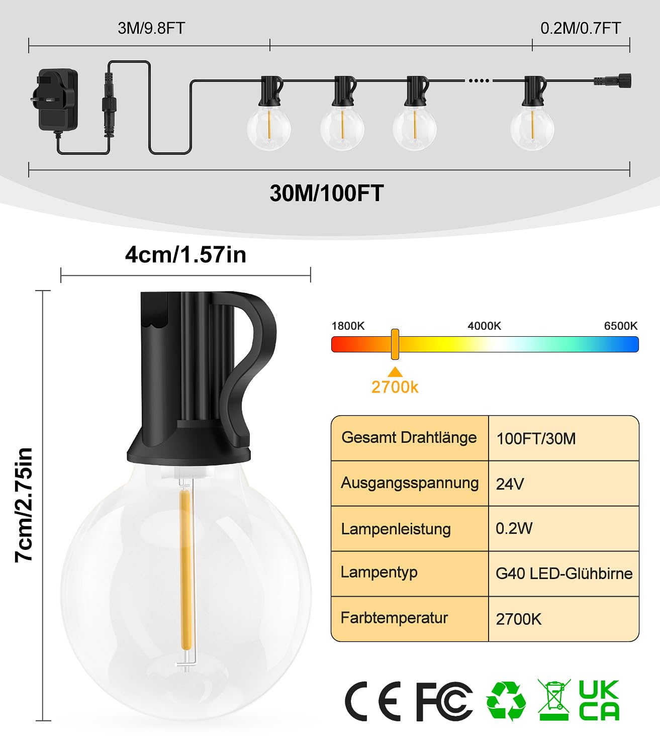 Vanranger Catena Luci da Esterno Giardino - G40 100Ft IP44 30M LED Lampadine Esterno Filo Lucine da Esterno Giardino 30 Metri Luce Catena Luminosa