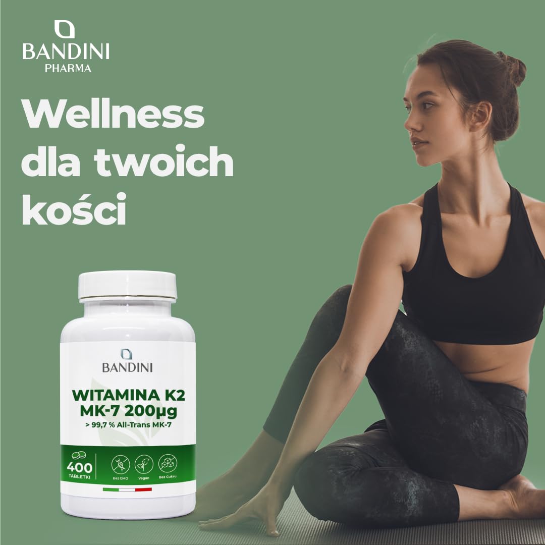 Bandini® Witamina K2 MK7 200 µg, 400 tabletek, Wysoka dawka menachinonu, Witamina K 2 MK-7 200 mcg, Pomaga w utrzymaniu prawidłowego stanu kości, 100% wegańska, wolna od GMO, Włoska jakość witaminy K
