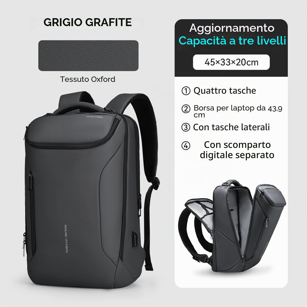 MARK RYDEN Zaino portatile di grande capacità con USB 17.3 pollici/15.6 pollici per gli uomini zaino multifunzione antifurto zaino giorno per business