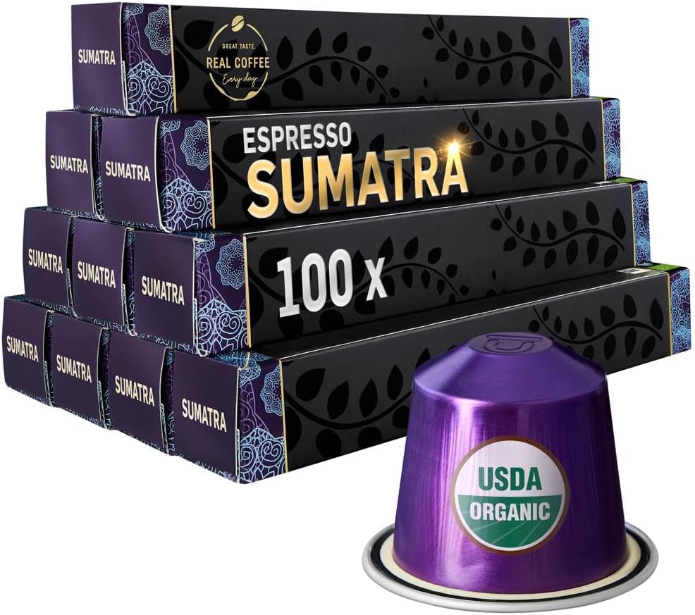 ‘Sumatra’ Organic Italian Espresso for Nespresso | 100 Organic Aluminum Capsules | Single-Origin Dark Roast | 100% Nespresso Compatible Pods |