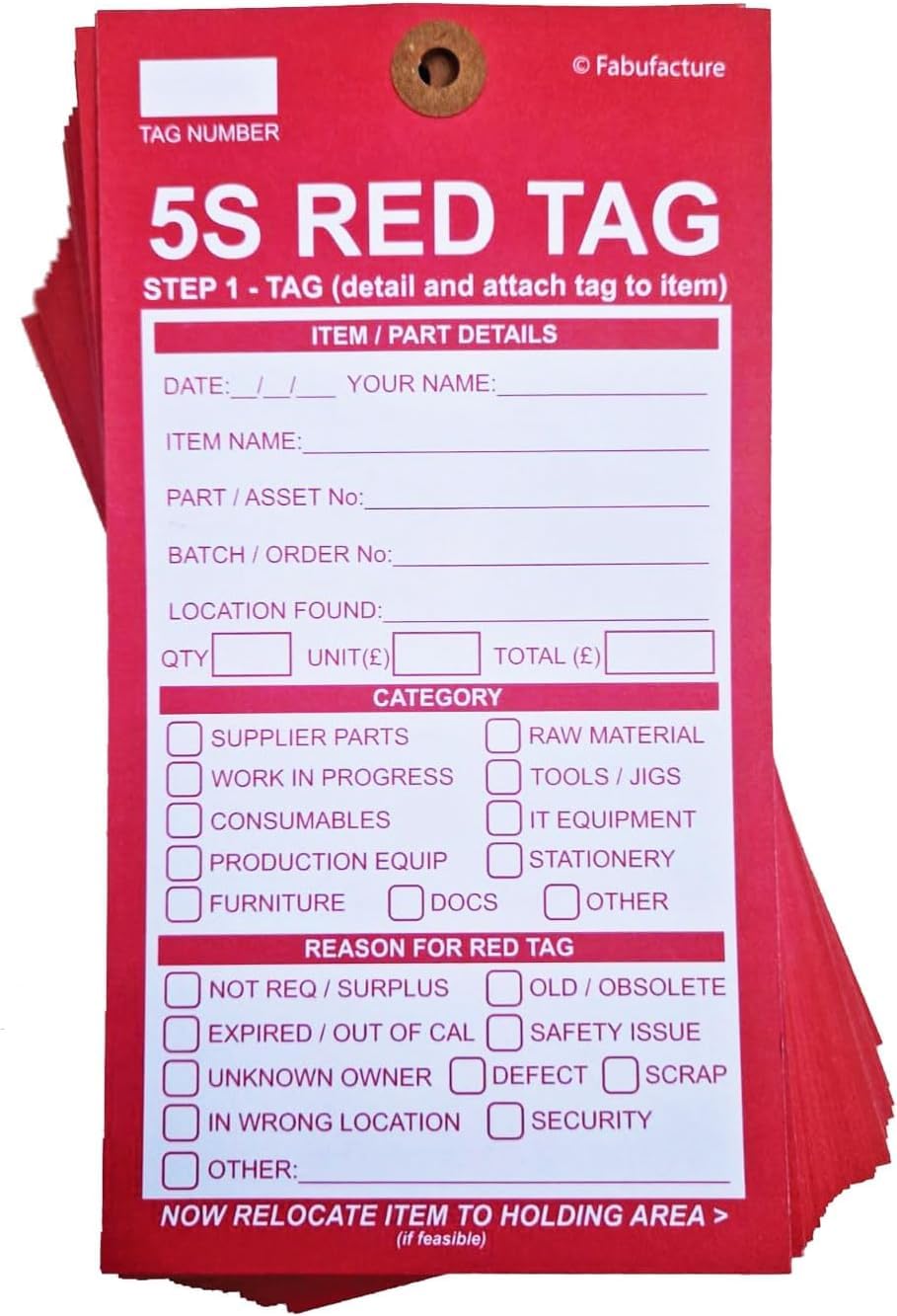 Red Tags for 5S. from The Lean Centre UK. Pack of 100 Tags.Clear Print. Easy to Write on. Tough Card with Strengthened Punched Hole. (100)