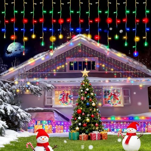 Taoushuleng Solar LED Icicle String Lights 96 LED Waterproof Christmas Lights with 16 Drops 8 Lighting Modes Hanging Fairy Lights for Eaves Garden Holiday Decoration (Multicolor)