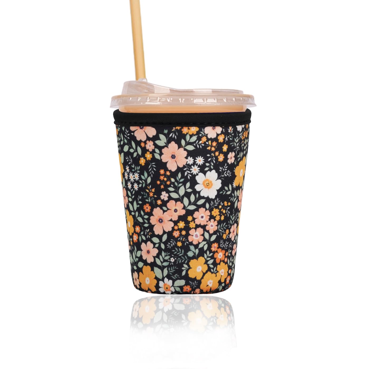 Reusable Insulated Sleeve for Iced Coffee Cup, Coffee Neoprene Sleeve for Cold &amp; Hot Drinks, Beverage Holder for Iced Coffee (Midnight Daisies, Small: 16-18oz)