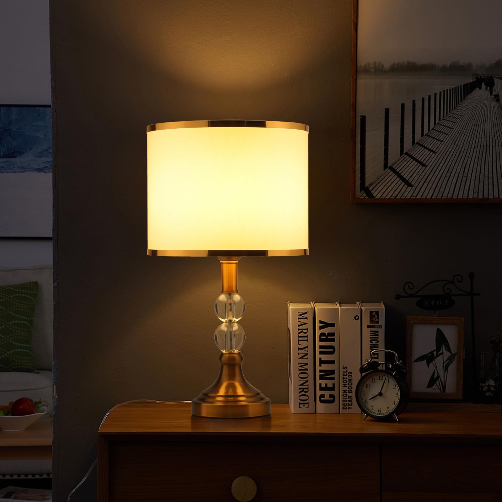 Lampe De Table Cristal LED E27 - Abat-Jour Transparent, Pied Acier Inox - Pour Bureau, Chevet - Blanc