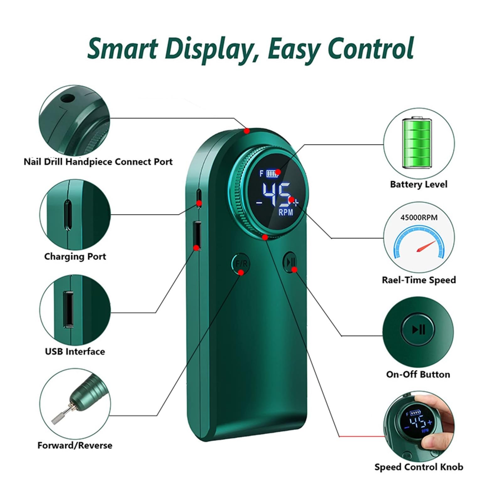 Trapano elettrico per unghie, 45000 giri/min, macchina per manicure ricaricabile con display LCD, set portatile senza fili per nail art, strumenti professionali per unghie, argento